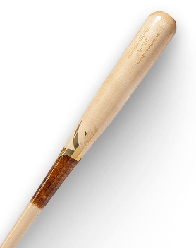 A wooden baseball bat with a dark brown grip. LOUISVILLE SLUGGER and V-CUT are visible on the barrel.
